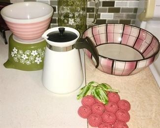 Pyrex striped bowl, Pyrex green & white bowl & glass pitcher, corning coffee pot, pink/black bowl made in Italy, hand stitched pot holder