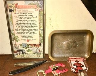 Vintage Manchester advertising "Carl M Schaible, Inc Ford" picture, "Howell Electric Motors" advertising copper tray, King Kutter straight edge razer, misc. collectibles