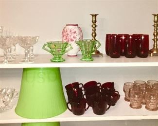 Antique & vintage glassware, crystal, royal ruby, green depression, pink glasses, brass candlesticks