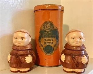 Small monk jelly jars, peanut brittle tin
