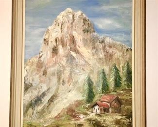 Mountain &cabin scenic painting, great texture, signed Fr. Germano, dated July 7, 1968 on the back
Frame size 36 1/2” x 25 1/4”