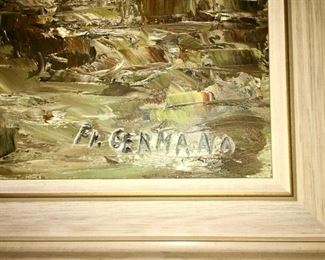 Mountain &cabin scenic painting, great texture, signed Fr. Germano, dated July 7, 1968 on the back