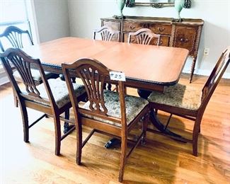 Antique Duncan Phyfe  mahogany double pedestal table and six chairs minor scratching 72 inches long $750