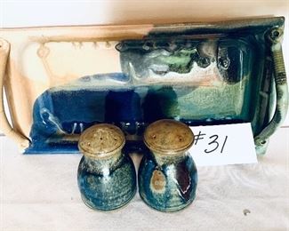 31A -Glazed pottery tray -$20
31B- Glazed salt and pepper shakers $15