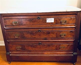 Antique chest with cracked marble top 
one pull missing one drawers slat missing 41.5”w  x 19” deep by 30 inches tall $150