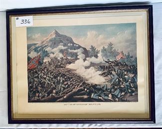 Framed art “battle of Kennesaw Mountain” copyright 1891  
28.5 inches wide by 22.5 inches tall $125