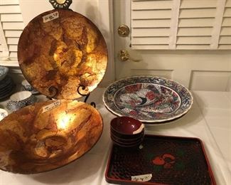 large art glass plate and bowl -stand is separate-  2 large platters- koi- and butterfly motifs  