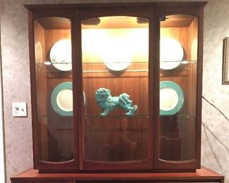 Mid Century Modern china cabinet display case with drawers. LANE RHYTHM CHINA CABINET,  vintage mid-century modern, 60's, consists of 2 sections that separate easily for transporting, Overall height 76.5″, Top cabinet 46″ W x 12.75″ D x 45″ H, Base cabinet. 54.25″ W x 18″ D x 31.25″ T