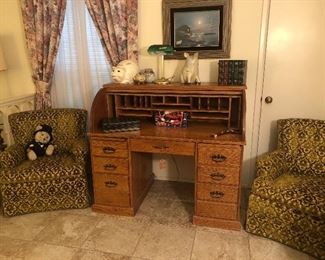 oak roll top desk -very good condition   -  2 vintage upholstered chairs- w/  maker tags inside- great set 