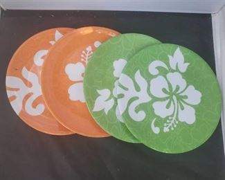 Lot of 4 Hard Plastic Orange & Green Floral Design Plates