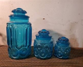 Vintage L. E. Smith Moon and Stars Blue Amberina Canister Set Of 3 with lids