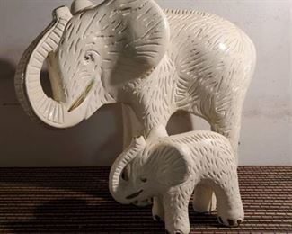 Pair of Mother & Cub Elephant Plaster Statues