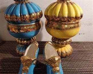 Lot of Yellow & Blue Ginger Jars with Blue Slippers