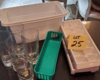 Lot #25 - $5 Ice bucket-Ice cube trays-5 drinking glasses