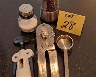 Lot #28 - $10 Miscellaneous Kitchen - Pepper grinder, Salt Shaker, 2T coffee spoon, Wine bottle opener, Kuhn Rikon can opener 