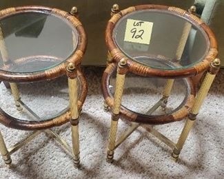 Lot #92 - $40 Lot of 2 Brass/Glass/Wood End tables 22"x14"