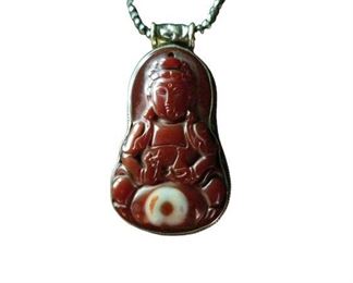 35. Old Hand Carved Red Jade KwanYin Pendant in Sterling with Chain