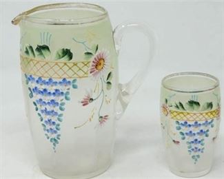 45. Vintage HandPainted Water Pitcher  Glass