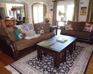 BERNHARDT COUCH AND LOVE SEAT,    SLATE TOP COFFEE TABLE WITH 3 STOOLS