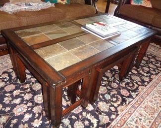 SLATE  TOP COFFEE TABLE WITH 3 STOOLS