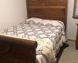 Antique Oak Bed with Box Spring, Mattress, and Rails