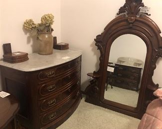 Walnut and Marble Topped Dresser with Mirror