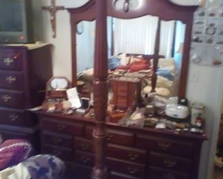 Long dresser with mirror and matching tall dresser