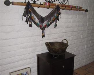 Rainstick, beaded fabric art shawl , iron hat rack