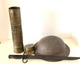 Antique Military Helmet/Knife/Brass Shell Casing