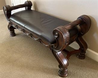 Upholstered Leather Bench with Hand carved wood	23x50x19	HxWxD