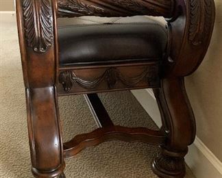 Upholstered Leather Bench with Hand carved wood 23x50x19 HxWxD
