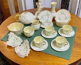 Vintage "BALLEEK" Shamrock & Basketweave Shamrock, Cob Lustre/Yellow In: Tea Set, Lemon Ornate Plates, Tree Trunk Vase, Bud Vase, & Butter Tub