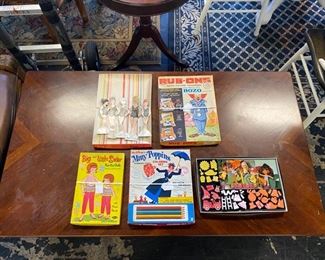 c.1950-60's, "Big and Little Sister" Paper Dolls w/Outfits, "Liddle Kiddles Dress-Up Kit" (Never Used!), RARE~"Mary Poppins Numbered Pencil Coloring Set," "Magic Rub-Ons Bozo the Clown," and 5 Vintage Paper Dolls w/Outfits. We also have Vintage Puzzles and Other Games & Toys for sell. 