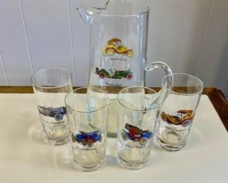 Vintage, West Virginia Specialty Glass Co., Antique Car Motif on Glass Pitcher with 4 Matching Tumblers 