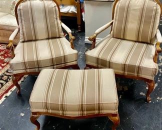 BASSETT FURNITURE CO., Pair of Hollywood Provincial, French Bergere, Striped Arm Chairs with Matching Ottoman