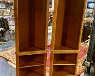 2 Matching Wooden Corner Lighted Corner Cabinets with Glass Shelves