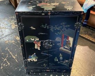 Black Lacquer, Hand Painted, Oriental Cabinet with 2 Doors and Inside Shelves 