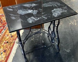 Vintage Black Wrought Iron Sewing Machine Base with Black Top, Made into a Side Table