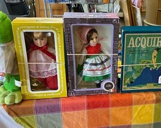 Vintage "ACQUIRE" game, "Singing" Stuffed Frog, and Dolls