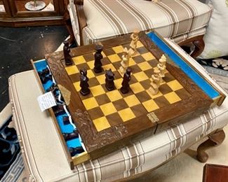 Hand Carved Wooden Teak Chess Set with Dragon Motif and 2 Drawers for Pieces