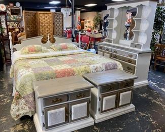 Vintage King Sized Headboard, 2 large solid wooden nightstands, and a 2-piece dresser, all recently refurbished with a light gray paint and medium colored gray stain. 