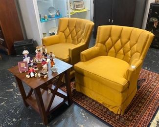 Pair of MCM Gold, Tufted Back, Arm Chairs, and Dolls from around the world