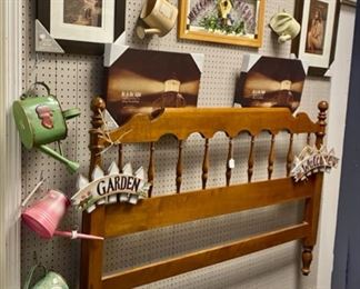 Solid Wooden Headboard, New Framed Pictures, and Painted Metal Watering Cans