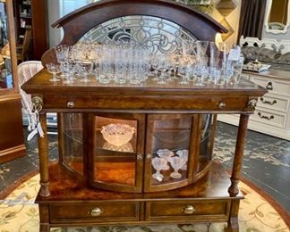 "PULASKI FURNITURE CO.,"  Mahogany Rolling Lighted Buffet/Sideboard with Clear Glass Curved Top, Bowed Glass Doors and Shelves, One Top Drawer, 2 Bottom Drawers, on Casters. GORGEOUS piece and would make a great bar! (Height 62", Width 54", Depth 22")