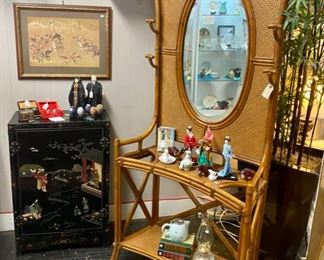 Vintage Bamboo and Rattan Hall Tree-Hat/Umbrella Stand and Black Lacquered 2-Door Cabinet with Raised Decorative Motif, and Dolls from around the world