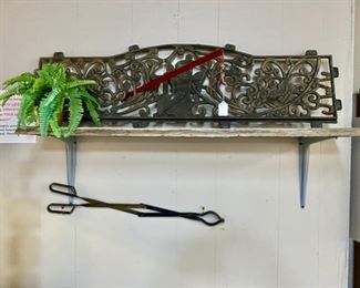 Wrought Iron Metal Back of Bench with Cherub motif and Fireplace Tongs