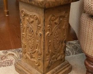 Decorative Cast Metal Pedestal   $45
8 x 8 x 16. This is a seriously heavy piece. Use it as a decorative object to add the interest of a piece of architectural salvage, or use it as a pedestal for a plant. Just don't put it somewhere that you might stub your toe on it.