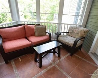 Brown-Jordan All Weather Wicker Sofa  $185
61 x 28.5 x 36, Havana Seagrass  
Two Pottery Barn Bench Tables  $20 each
30 x 12 x 18. Paint is chipping, so feel free to use them outside, or get ready to give them a new coat of paint. 