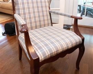 Pair Arm Blue Check Chairs  $265/pair
27.25 x 19 x 42.25, one of the chairs has stains on the seat, unsure if they can be removed.