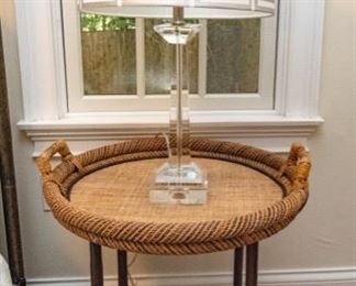 Pair Woven Grass Round Side Tables  $120/pair
23.25 x 26, Tops lift off to be trays. 
Pair Lucite Lamps w/ Silver Shades - SOLD
